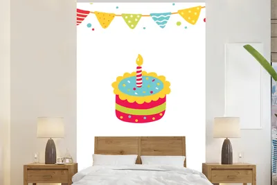Produktbild von MuchoWow® Fototapete für Wohnzimmer oder Schlafzimmer Wandtapete Vinyl Motivtapete Illustration mit Fahnen, einem Kuchen und dem Zitat "Happy Birthday". - 155x240 cm - Tapete