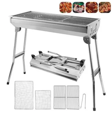 Immagine prodotto di Griglia per barbecue a carbone - Griglia pieghevole per uso esterno - Acciaio inossidabile - Portatile, ideale per giardino, campeggio, picnic e viaggi - Argento