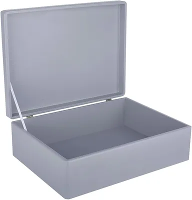 An open, empty, grey wooden storage box with its lid propped open.