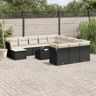 Produktbild von Design 13-tlg. Garten-Sofagarnitur mit Kissen Schwarz Poly Rattan, Gartenmöbel-Sets 2024 Neu