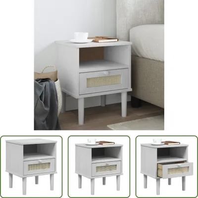 Produktbild von The Living Store Nachttisch SENJA Rattan-Look Weiß 40x35x48 cm Massivholz Kiefer
