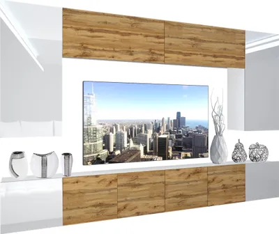 Image de BELINI Meuble-paroi entièrement équipé Ensemble de salon Meuble-paroi moderne avec éclairage LED Blanc brillant Meuble TV annexe Blanc / Chêne Wotan brillant/mat