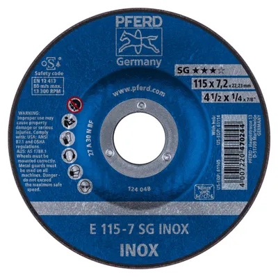 Immagine prodotto di Disco di rettifica PFERD 115x7,2mm f.INOX foro a gomito 22,23mm