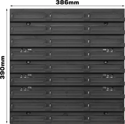 A top-down view of a stack of black plastic storage boxes, with dimensions indicated.