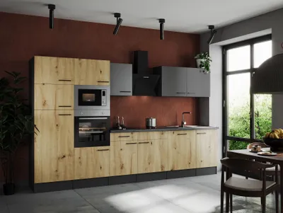 Produktbild von Küche Küchenzeile Küchenblock Grau Matt Artisan Eiche Oliver 340 cm Respekta