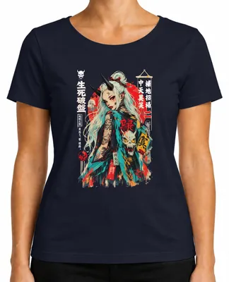 Obrázok produktu pre Dámske tričko "Oni Girl", motív: démon, žena, štýl: japonská animácia/manga, streetwear, estetika Y2K, farba: tmavomodrá, veľkosť: M