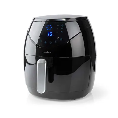 A black air fryer with a digital display and a silver handle, set against a white background.
