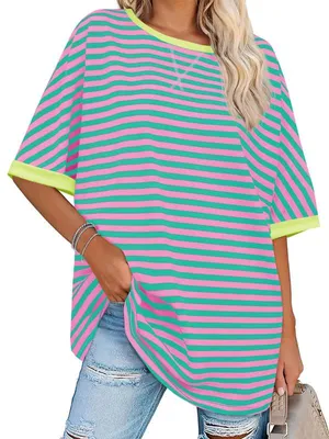 Produktbild von Imily Bela Oversize-T-Shirt für Damen mit Streifenmuster, sommerliches, lässiges Kurzarm-Top mit Rundhalsausschnitt und Farbblockmuster, tailliert
