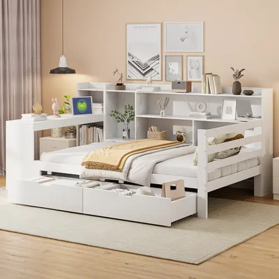Produktbild von STILVORA Schlafsofa 90x200cm aus Massivholz, Multifunktionsbett mit Schreibtisch und Bücherregal, Holzbett mit Steckdose und Ablagefächern, Weiß