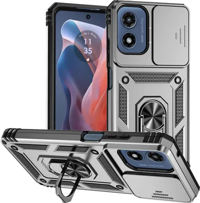 Produktbild von Hülle für Motorola Moto G Play (2024)/Moto G22 4G mit Schiebe Kamera Schutz und Ringhalter Ständer Hybrid Schutzhülle Silber