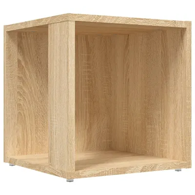 A light brown wooden cube shelf with two open compartments, shown from a front-diagonal angle.