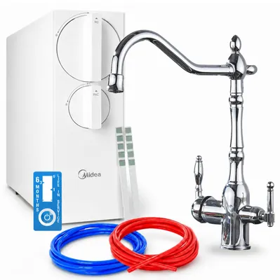 Produktbild von Umkehrosmose Wasserfiltersystem Ari Retro 2, 800Gpd, 3-Wege-Küchenarmatur, Chrom, Messing, Keramikkartusche, Perlator, Schwenkbarer Auslauf, Tanklos