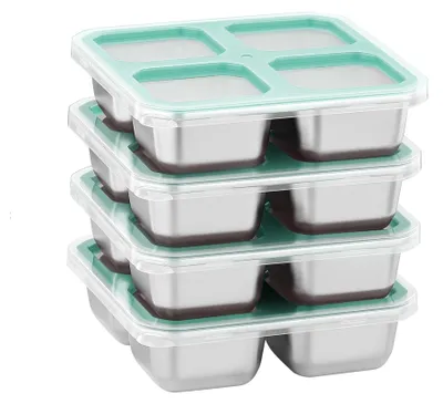 Immagine prodotto di Confezione da 4 contenitori per snack in acciaio inossidabile, con 4 scomparti - Riutilizzabili e pratici