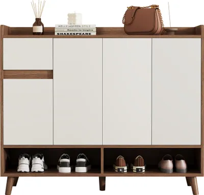 Produktbild von Merax Schuhschrank Sideboard mit Schublade, 4 Türen, verstellbaren Regal, Kommode mit viel Stauraum, Anrichte, Schuhregal,  Schuhkipper, Weiß+Natur