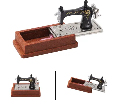 Obrázok produktu pre Miniatúrny šijací stroj v štýle vintage pre bábikovský domček, verný model v mierke 1:12 na dekoráciu, tmavohnedý