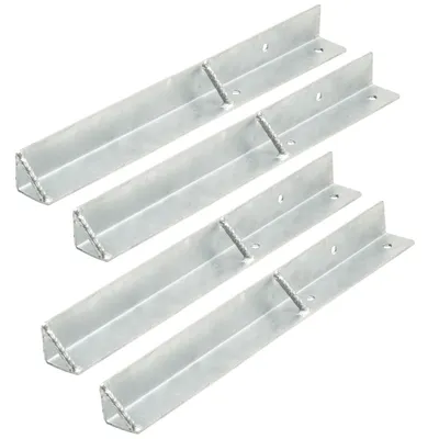 Four metal brackets are arranged diagonally on a white background.