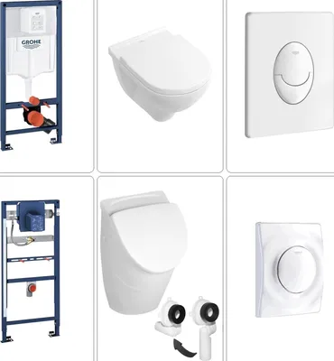 Produktbild von VILLEROY & BOCH O.NOVO Wand WC spülrandlos + SoftClose TakeOff WC-Sitz & Absaug Urinal + Deckel, GROHE Vorwandgestell & Betätigungsplatte in weiß