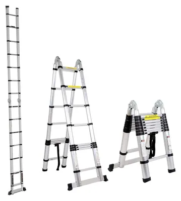 Produktbild von 5 m Teleskopleiter Aluleiter 2 in 1 Multifunktionsleiter Klappleiter 150 kg Tragfähigkeit (2,5+2,5m 16 Sprossen), Silber