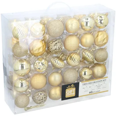 Image de Giftsome 60 Set de boules de Noël, Boules de Noël or, Décoration d'arbre de Noël, Pour l'intérieur et l'extérieur, Plastique, Mat, Brillant, Scintillant et Ouvert Ø6/7 cm