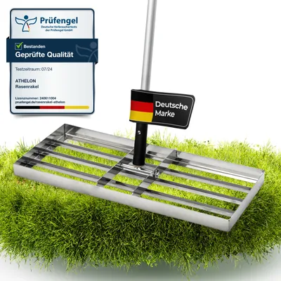 Produktbild von ATHELON® Rasenrakel mit Gummigriff – Stabil & langlebig – Nivellierrechen zum Nivellieren von Rasen, Sand und Erde – Rasenrakel Edelstahl – robuste Metallstange