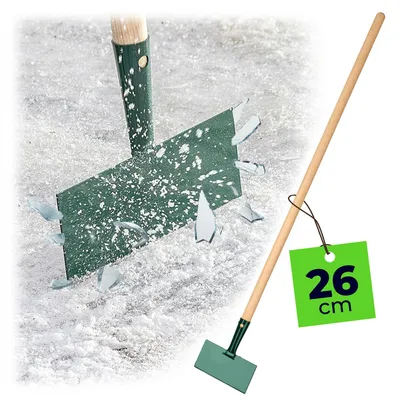 An ice chopper breaking ice, with a size tag attached to the handle.