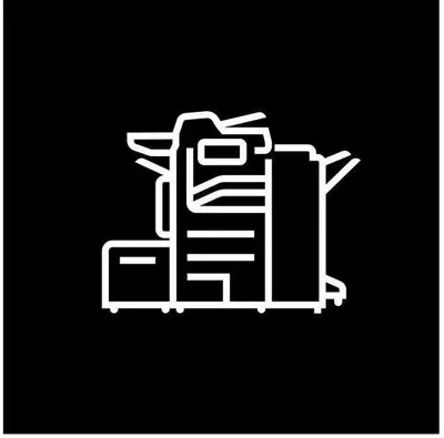 A white line drawing of a copier machine on a black background.