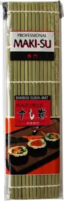 A packaged bamboo sushi mat with an illustration of sushi rolls.