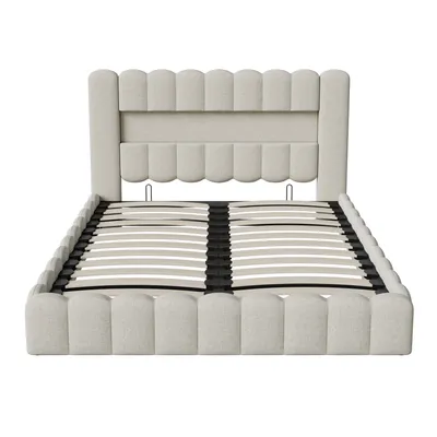 Produktbild von ProximaX Polsterbett mit USB Ladefunktion und LED Stauraum Kopfteil, Stauraumbett Hydraulisch Doppelbett 160x200cm, Lattenrost aus Holz, Bett mit Lattenrost aus Metallrahmen, Leinen, Beige