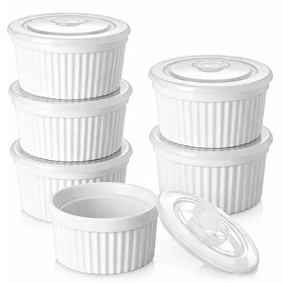 6 Souffléformen 240 ml mit Deckel, Keramik, ofenfest, Weiß