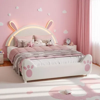 Image de Lit bébé INONEFT 140x200 cm avec éclairage LED, lit pour fille avec sommier à lattes, design lapin, lit simple, sans matelas, en velours, blanc