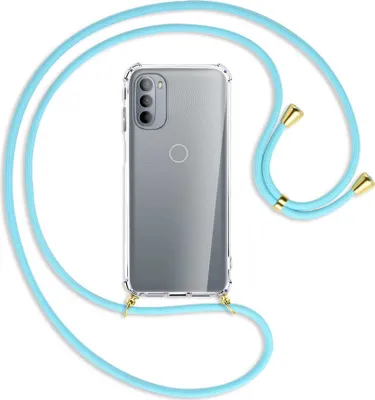 Produktbild von Handykette Backcover-Schutzhülle mit Band (Metall goldfarben) für Motorola Moto G31, Moto G41 - himmelblau
