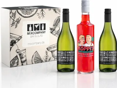Produktbild von Köppi’s Party Spritz Geschenkset – Rhabarberschnaps 0,7 l (15% Vol.) & 2× Vino Frizzante Secco Ducca della Rocca 0,75 l (10,5% Vol.)- [Enthält Sulfite]