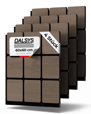 Produktbild von Dalsys 4x Akustikpaneele Holz 60x60cm mit 3D-Quadrat-Muster Walnuss - Wandpaneele Holz für Schallschutz in Arbeits- & Wohnräumen - Akustik Paneele Wand - Holzpaneele Wand - Wandverkleidung innen