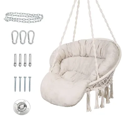 Image de Fauteuil suspendu avec coussin, balancelle en macramé, style bohème, en coton, pour intérieur et extérieur, capacité jusqu'à 150 kg, couleur beige