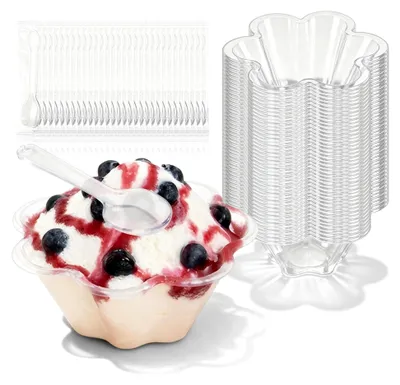 Produktbild von 100 Stück Dessertgläser aus Plastik, 250 ml mit 100 Löffeln, Mini Desserttassen, wiederverwendbare Dessertschalen, Blumenmotiv für Nachtisch, Pudding, Mousse und Partys