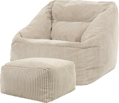 Produktbild von icon Riesen Sitzsack Sessel Bean Bag Natalia mit Hocker, Beige, Cord XXL Sitzsack Erwachsene mit Füllung Für Das Wohnzimmer, Riesensitzsack XXL Flauschig Cord - Hergestellt in Deutschland