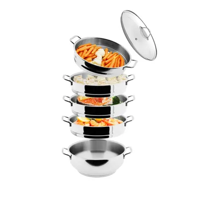 Produktbild von BEM Dampfkocher: 6-tlg Set aus Edelstahl 18/10, Ø 28 cm, Russische Mantowarka mit Dampfeinsatz und Glasdeckel, Dampfkochtopf, auch für Induktionsherd