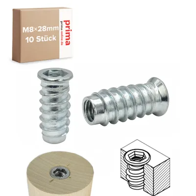 Produktbild von 10x Einschraubmuffen M8 – Länge 28 mm – Einschraubmutter Eindrehmuffen Innensechskant M8x28 mm
