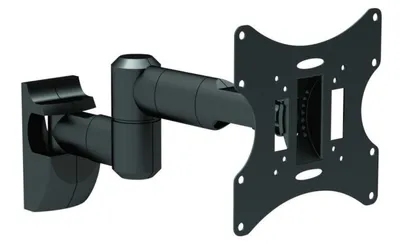 A black articulating TV wall mount is shown against a white background.