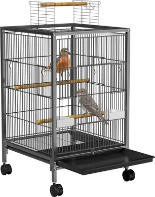 Obrázek produktu pro JOIEYOU Kovové klece pro ptáky 46x46x91cm Klec pro andulky s odpočívající dřevěnou tyčí Klec pro ptáky Přenosná ptačí voliéra se střešním oknem, dvířky, krmítkem, odnímatelným podnosem a kolečky