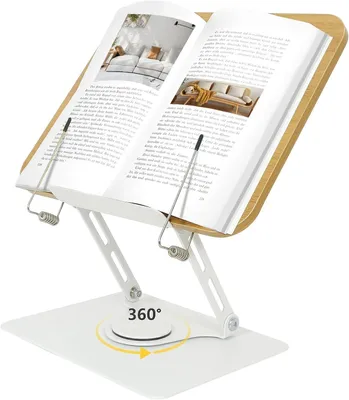 Produktbild von 360° drehbarer Buchständer – Holzsockel + Aluminiumarm – verstellbar – für Küche/iPad/gebundene Bücher