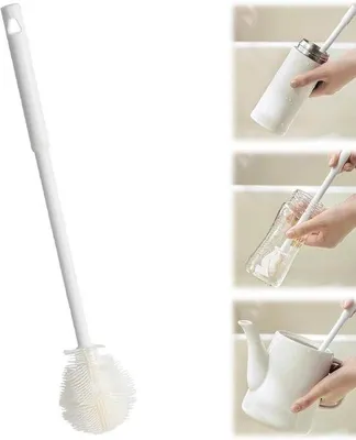 Immagine prodotto di Spazzola in silicone con setole morbide, spazzola in silicone flessibile a 360°, spazzola lunga in acciaio per la pulizia di bottiglie, spazzola con coperchio, spazzola per la pulizia di contenitori con setole morbide