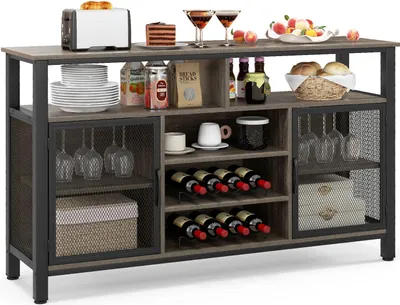 Produktbild von GOPLUS Buffetschrank Küche, Küchenschrank mit 8 Flaschen Weinregal & Weinglashaltern, Aufbewahrungsschrank mit Ablagen & Metallgittertüren, Sideboard Küche, Weinschrank für Wohnzimmer & Esszimme(Grau)