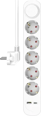 Productafbeelding van ELRO 5-voudige stekkerdoos met 1,5 m kabel en schakelaar - Set van 5 - Stopcontact + USB + USB-C - Kinderbeveiliging