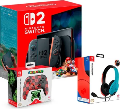 Produktbild von Nintendo Switch 2 + Mario Kart World + Controller Glow Super Icon + Neonblau & Rotes Headset Rot PAL / EU Plug 220V Rot PAL