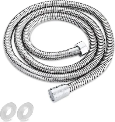 A coiled stainless steel shower hose with two clear rubber washers on a white background.
