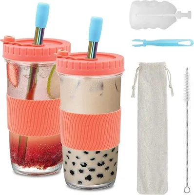 Image de Lot de 2 gobelets roses avec couvercle et paille en acier inoxydable, 730 ml, verre réutilisable pour smoothies, jus de fruits et bière