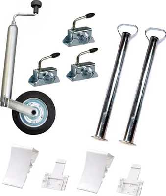 Produktbild von PKW Anhänger Zubehör Set: Stützrad, Stützen 700 mm, Klemmhalter, Unterlegkeile mit Halter (weiß)