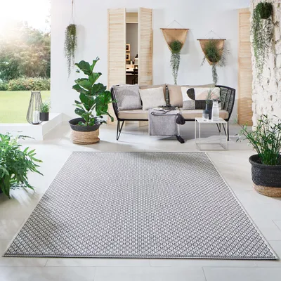 Produktbild von Steffensmeier Indoor Outdoor Teppich Norrland Garten Flur Balkon, wasserfest, strapazierfähig und pflegeleicht, Karo Beige Silber, Größe: 280x380 cm