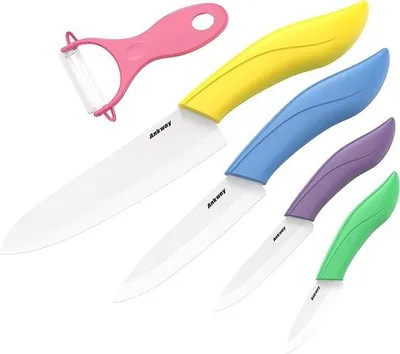 Produktbild von Unyqoos® Keramikmesser-Set 5-tlg. – scharfes Profi-Küchenmesser mit 4 Messern, Sparschäler, bunten Griffen & Sicherheitsscheiden für Obst, Gemüse, Brot